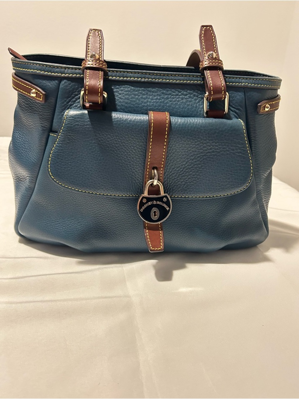 Dooney & Bourke Blue Leather Tote with Brown Trim and Gold Hardware
